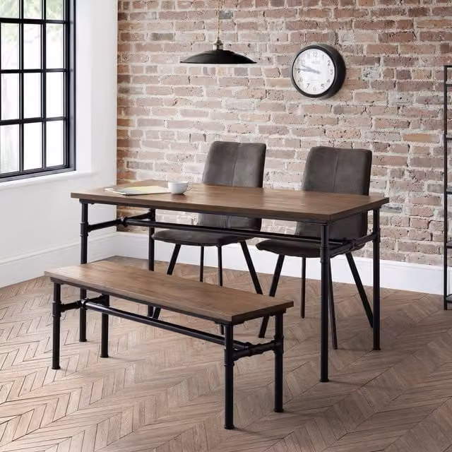 Julian Bowen Carnegie Dining Table, Bench and Monroe Chairs Set in Brown Wood and Metal