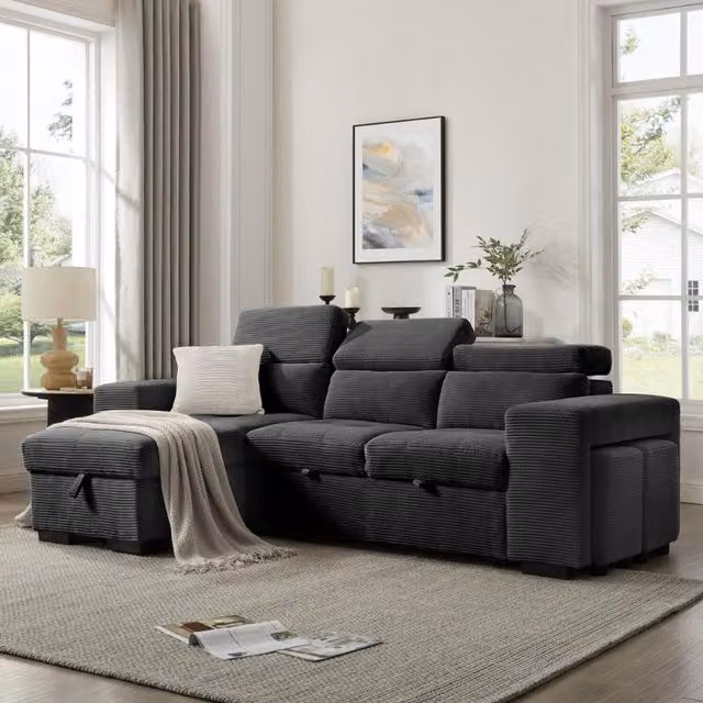 Azalea Reversible L-Shape Sofa with Chaise in Charcoal Grey Jumbo Cord, featuring a Pull-out Drawer and Sleeping Function, W: 245 cm, D: 156 cm, H: 77 cm