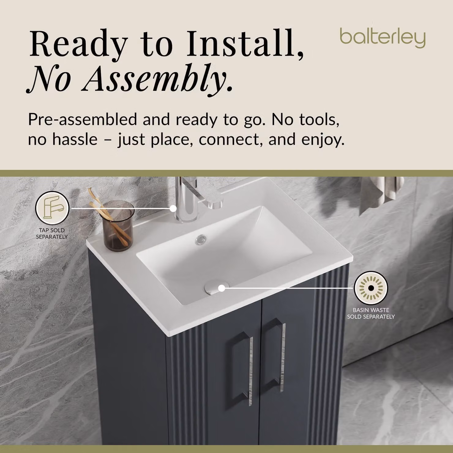 Balterley Grey Floor Standing Bathroom Vanity Unit with Rectangular Basin and Soft Close 2 Doors – 4