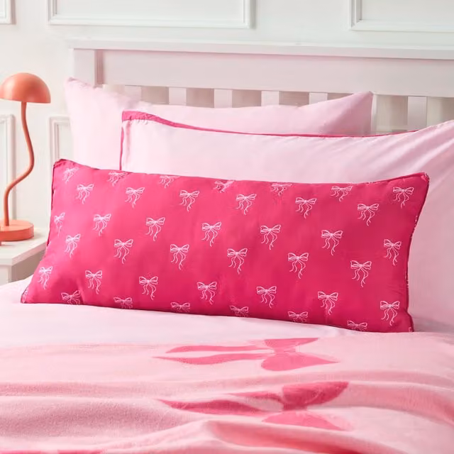 OHS Kids Bow Print Bolster Pillow in Pink with Hollowfibre Filling