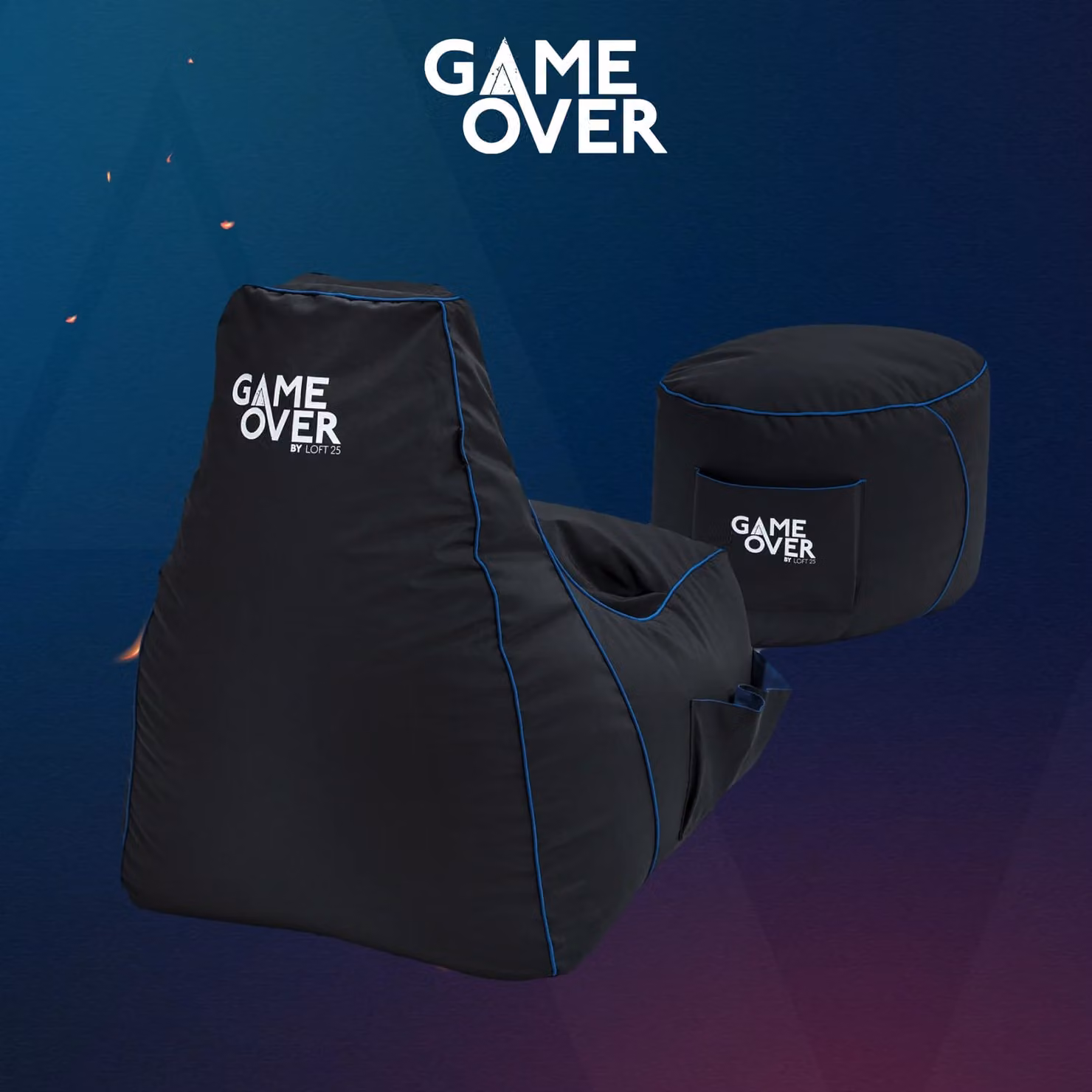 Game Over Store Cerulean Lightning High Back Video Gaming Bean Bag Chair with Footstool in Blue and Black Synthetic Leather