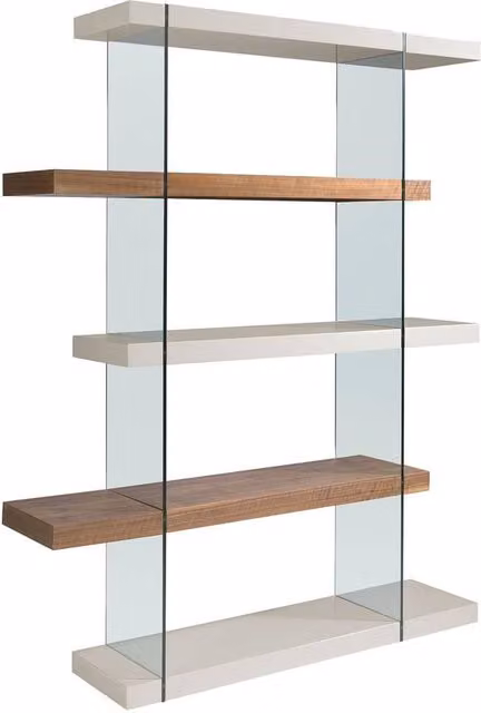 Angel Cerda Walnut and Glass Wall Mounted Shelf with Pearl Grey Lacquered MDF, W/D/H: 180 x 33 x 140 cm