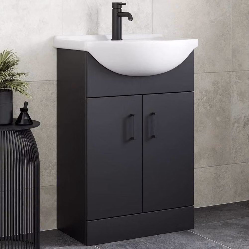 FORGEVIO Black Modern Freestanding Bathroom Vanity Unit with Ceramic Basin and Internal Shelves – 3