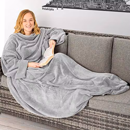 tectake 2 Grey Fleece Blankets with Sleeves, W: 170 cm, H: 200 cm – 2
