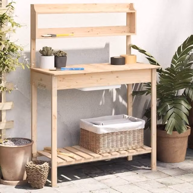 Berkfield Home Potting Table with Sink in Brown Solid Wood, W/D/H: 147.5 x 44 x 139.5 cm – 1