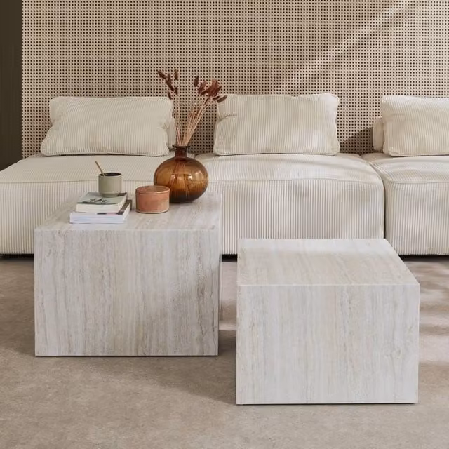 Sweekeek Pair of Square Coffee Tables with White Marble Effect Stone Tops – 1