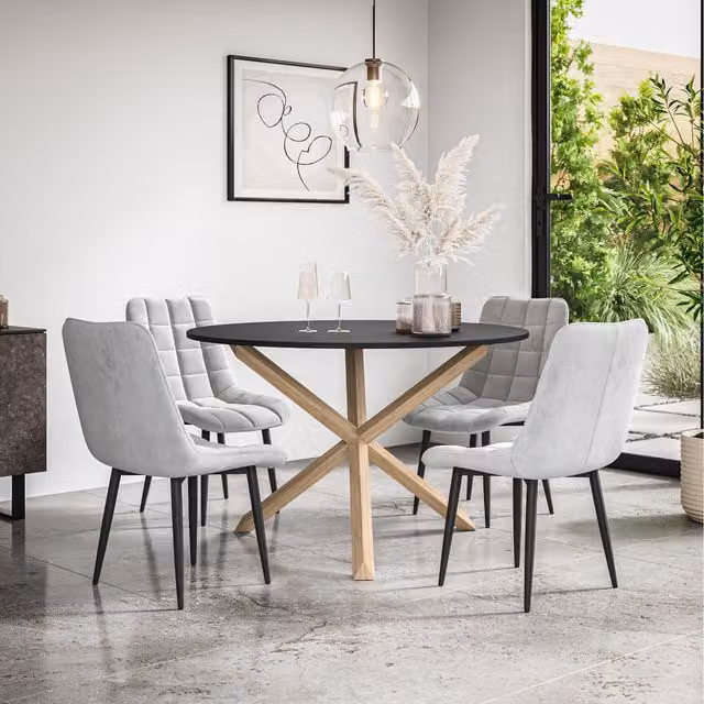 More4Homes Malvern Round Black Dining Table with 6 Grey Nova Velvet Chairs and Oak Legs