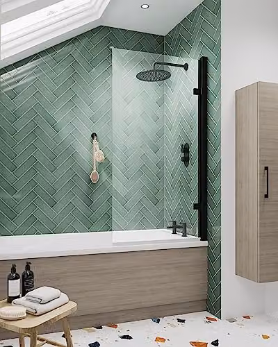 nuie NSSQ7BP Pacific Modern Square Hinged Shower Bath Screen, 8mm Toughened Safety Glass, Black, W: 815 - 830 mm – 2