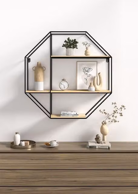 Livingandhome 3-Tier Metal and Wood Wall Mounted Floating Shelf Unit in Black