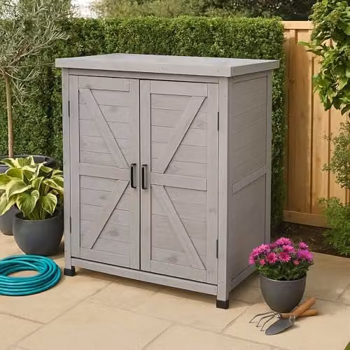 AIRWAVE Grey Wooden Garden Storage Tool Shed with Internal Shelves and Hinged Doors, Spruce Wood, W/D/H: 80 x 45 x 92 cm