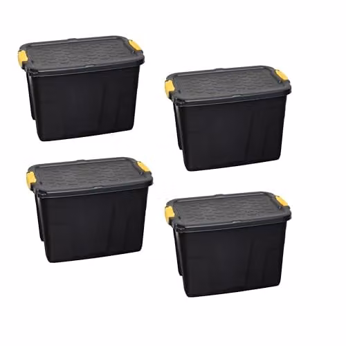 Samuel ALEXANDER 4 x 60L Heavy Duty Lockable and Stackable Plastic Storage Tubs with Clips in Black and Yellow