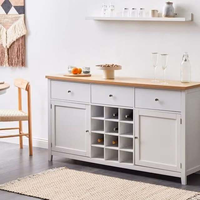Wyld and Coco White MDF Sideboard with 2 Doors, Drawers and Wine Rack, W: 160 cm, D: 40 cm, H: 84 cm – 1