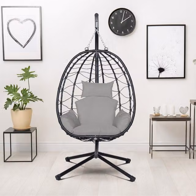 Comfy Living Modern Black and Grey Polyrattan Egg Swing Chair with Stand and Cushions, Height: 111 cm