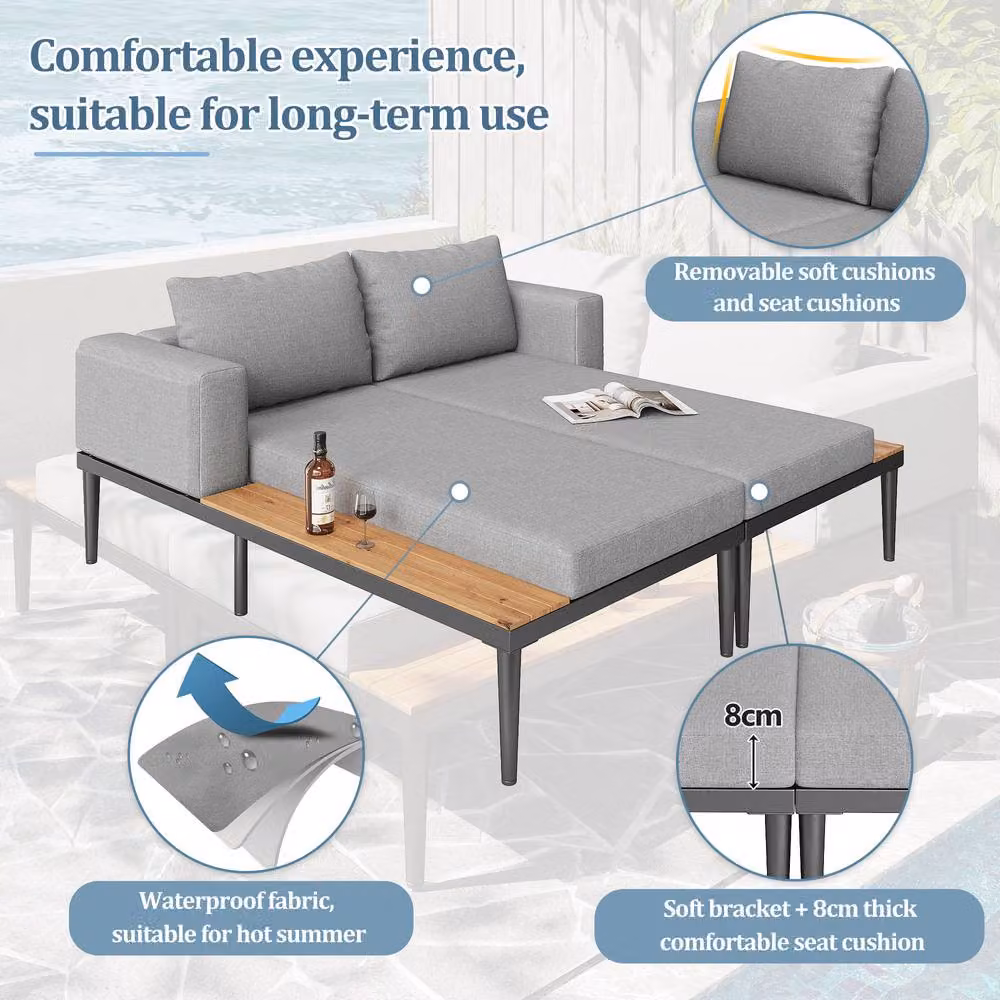 Direct Wicker Modular Outdoor Double Chaise Lounge with Side Panels in Grey for 2 People – 4