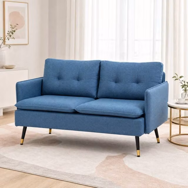 STILVORA 2 Seater Upholstered Fabric Sofa in Blue with Gold Metal Legs
