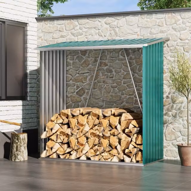 Breeins Steel Outdoor Log Storage Shed, Green, W: 163 cm, D: 83 cm, H: 154 cm
