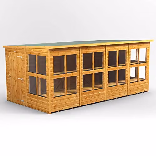 Powersheds Premium Pent Potting Greenhouse Wooden Shed in Brown with 12mm Extra Thick Timber and Toughened Glass