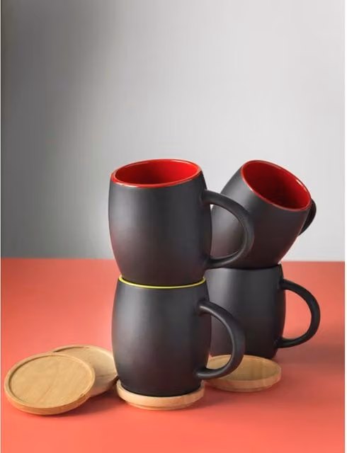 Avenue Hearth Ceramic Mug with Wood Lid and Coaster in Solid Black and White