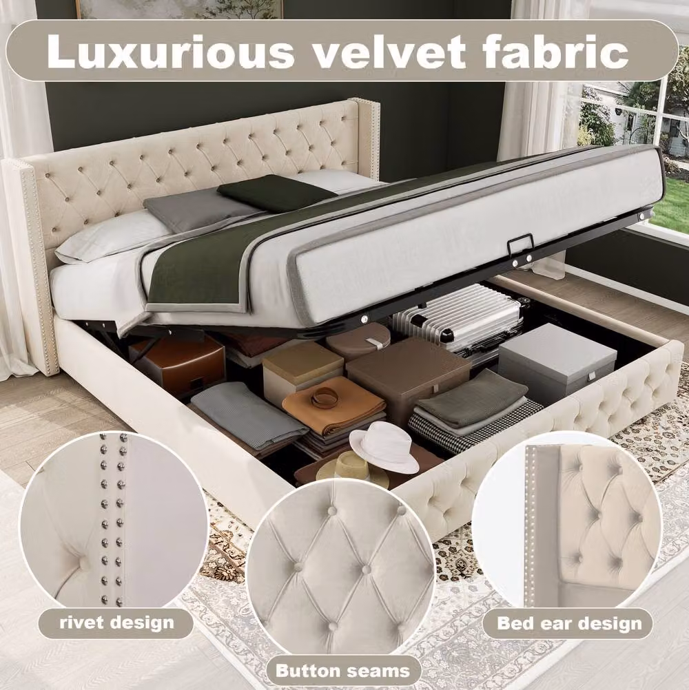 STILVORA Modern Upholstered Double Bed with Lift Up Storage Base in Beige – 4