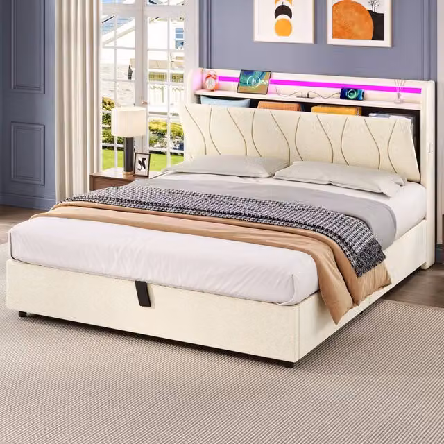 Merax Modern Upholstered Double Storage Bed in Beige with LED Under-Bed Lighting and USB Charging Port, W/D/H: 140 x 200 x 105 cm – 1