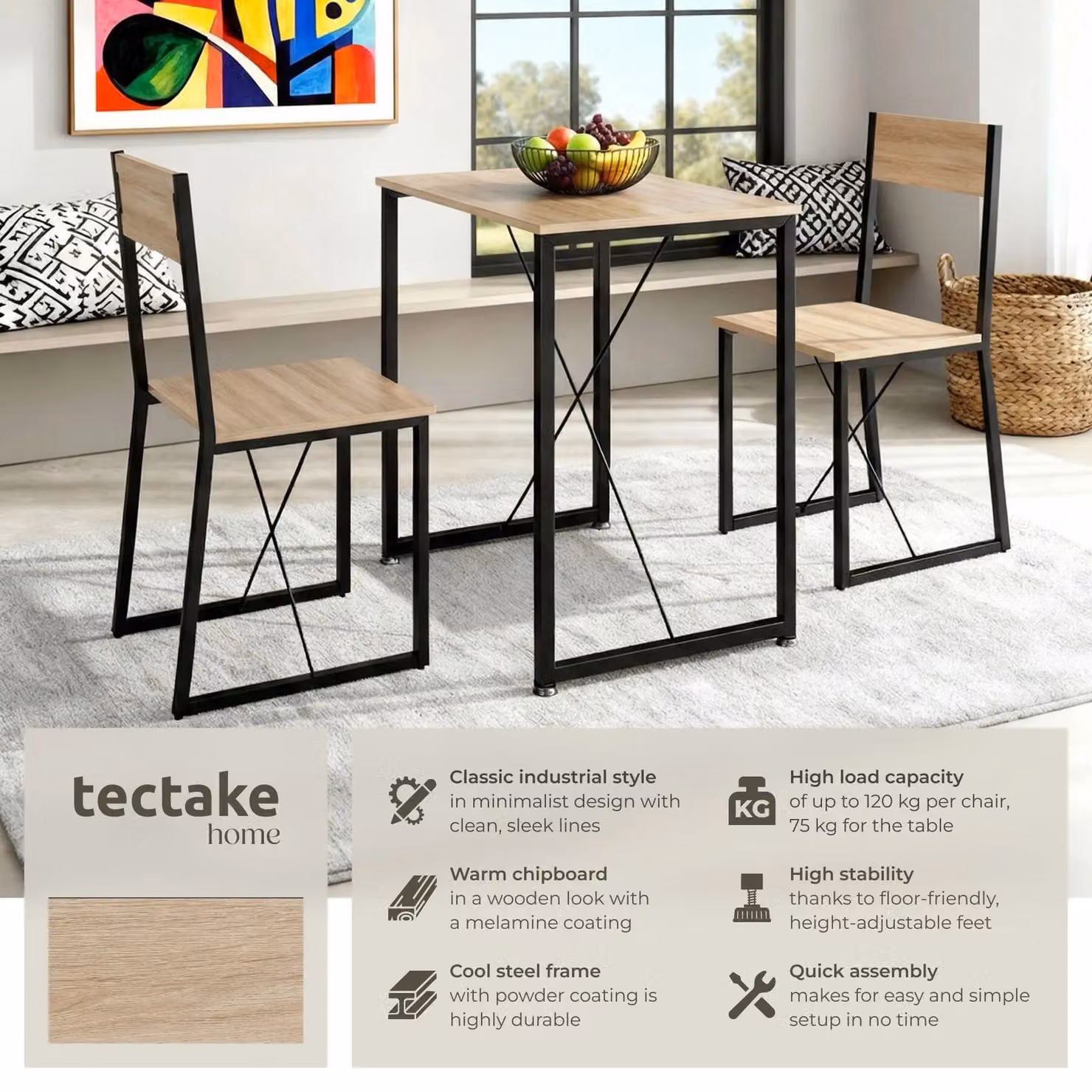 tectake Margate 3-piece Dining Table and Chairs Set in Oak and Black – 2