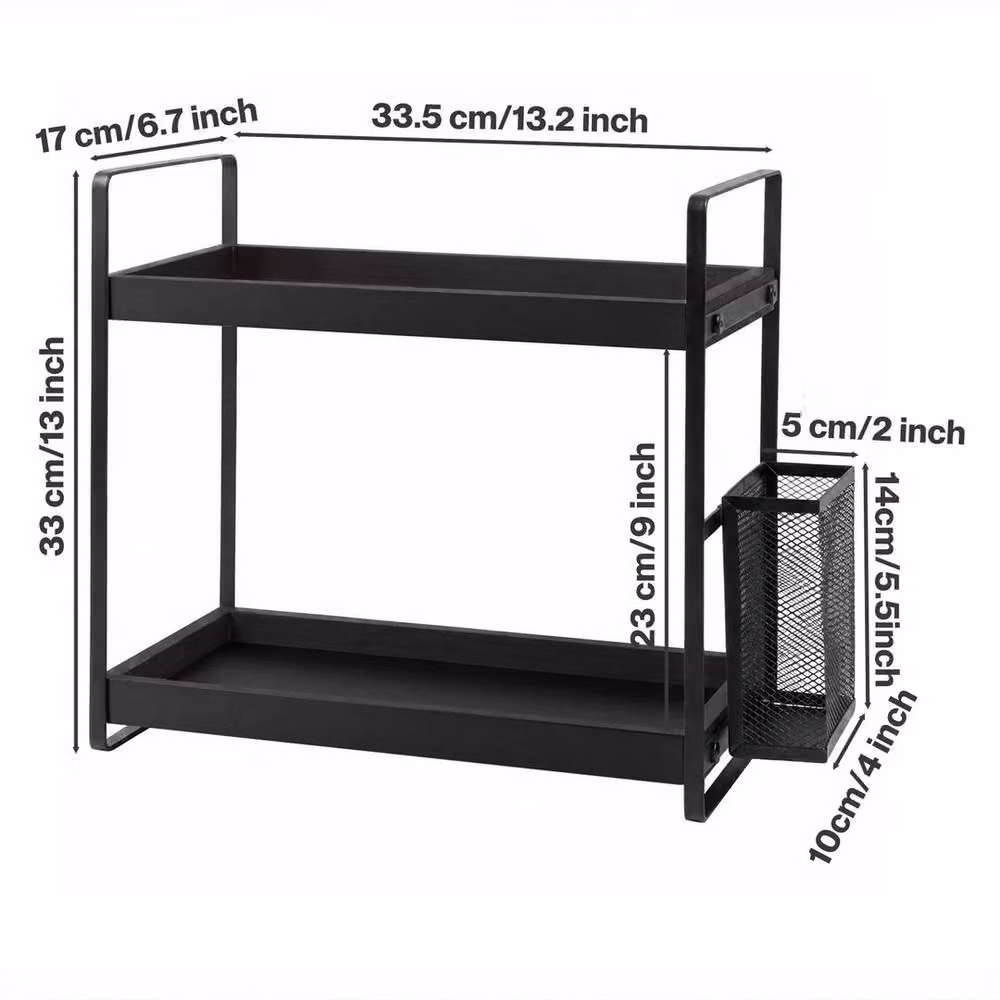 KORVIXA 2 Tier Black Bathroom Countertop Organiser with Pine Wood and Metal Shelving – 2