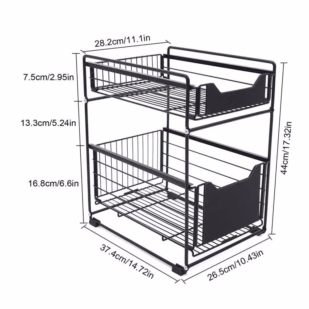 VOGREX Black Metal Under Sink Storage Rack for Kitchen and Bathroom Cabinet Organisation – 2