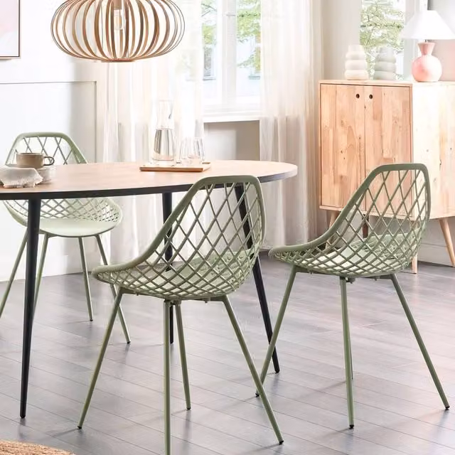 Wyld and Coco Set of 2 Green Net-Back Dining Chairs with Matt Powder-Coated Metal Legs – 1