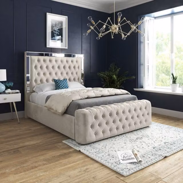 Casani Marino Mirror Upholstered Soft Velvet Bed Frame in Cream, Size: Single (W/D/H: 90 x 200 x 137 x 83 cm) – 1