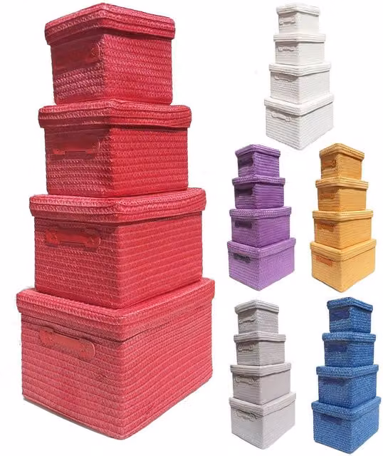 Topfurnishing Red Fabric and Plastic Open Weave Storage Baskets with Handles and Lids, Width: 25 cm, Pack of 2