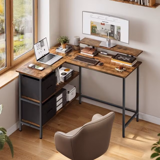 VASAGLE L-Shaped Corner Desk in Bronze and Brown