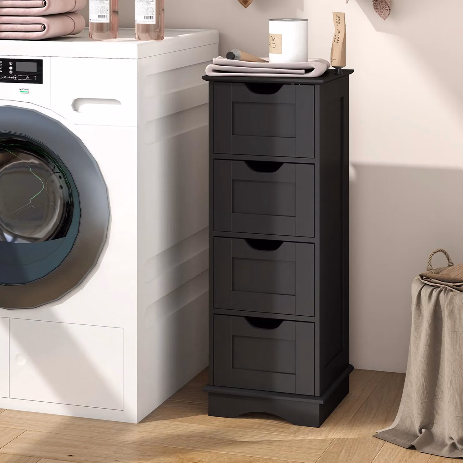 Gymax Modern Matt Black Freestanding 4-Drawer Narrow Storage Cupboard Bathroom Floor Cabinet – 6
