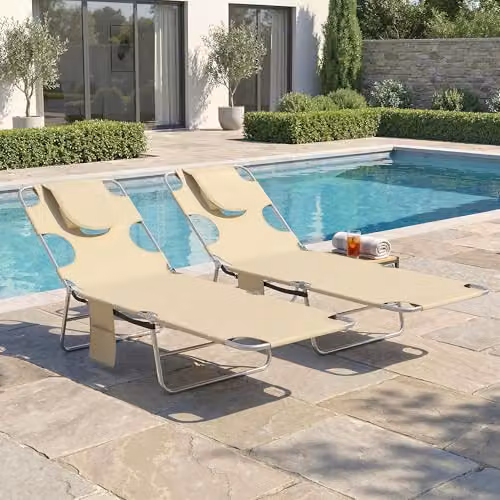 Outsunny Set of 2 Folding Garden Sun Loungers with Adjustable Headrest and Reading Hole, Beige – 6