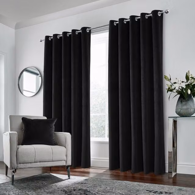 Enhanced Living Luxury Supersoft Velvet Blackout Thermal Eyelet Curtains in Black, Width: 229 cm, Drop: 274 cm – 1
