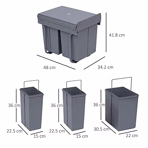 HOMCOM 40L Pull-Out Kitchen Waste Bin with Soft Close and Sensor, 3 Compartments, Grey – 3