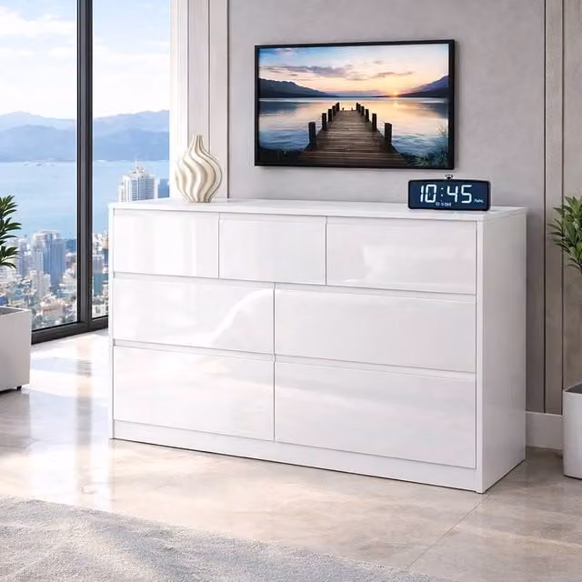 Harmin Modern White High Gloss 7 Drawer Handleless Chest of Drawers