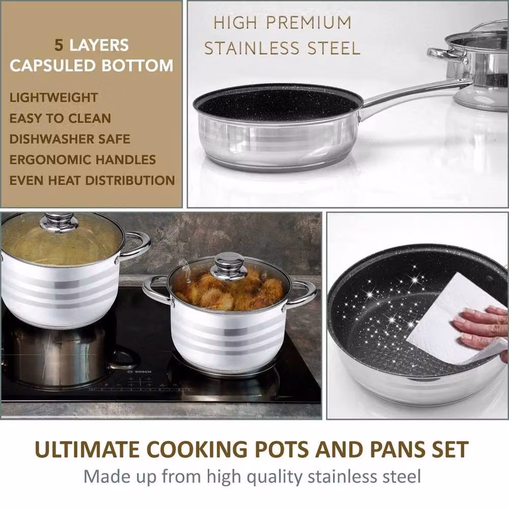 FLAVORA 12-Piece Stainless Steel Stockpot Set with Glass Lids in Metallic Silver – 4