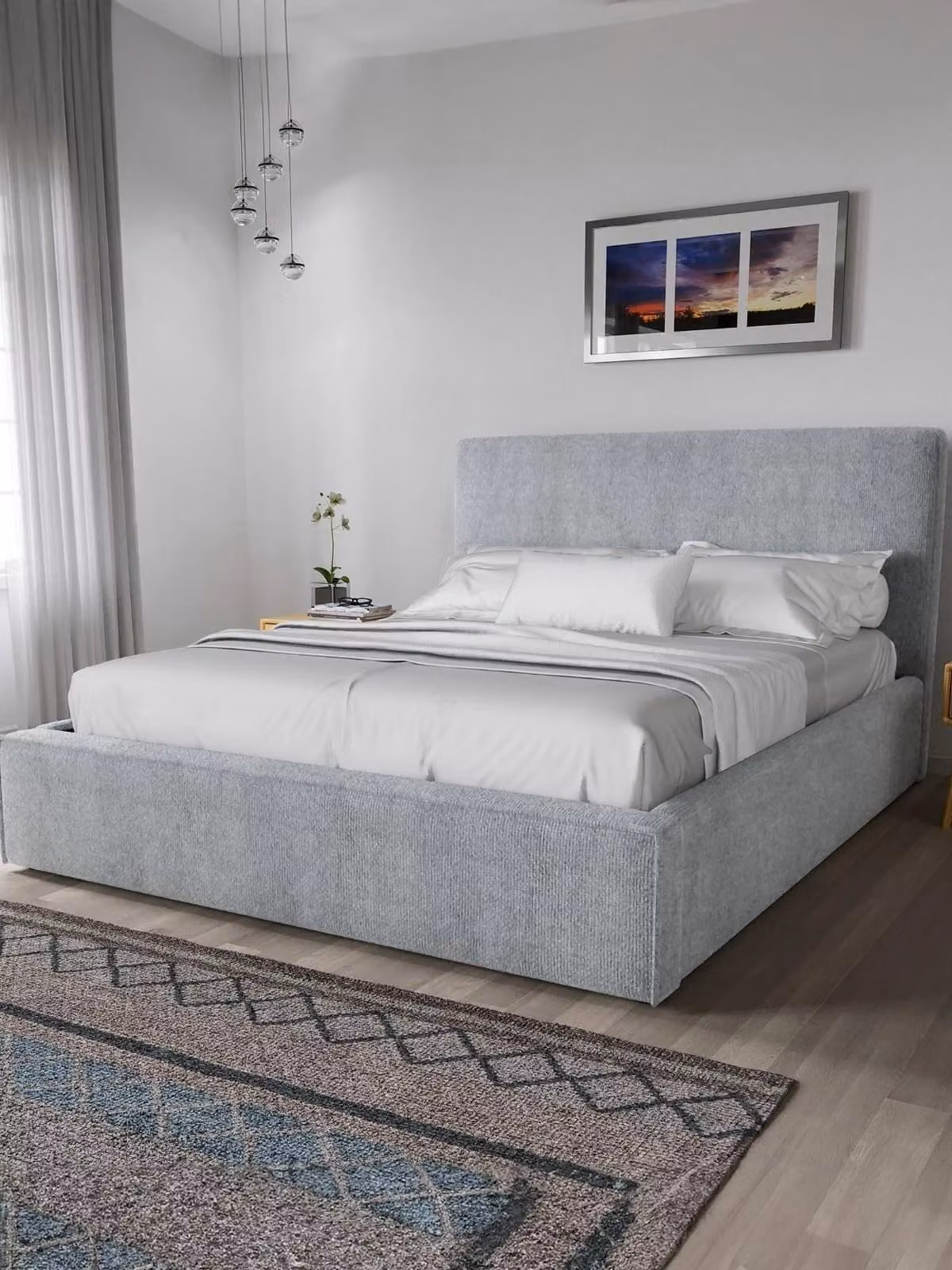Langley Modern Upholstered Fabric Bed Frame in Grey, W/D/H: 180 x 200 x 165 cm
