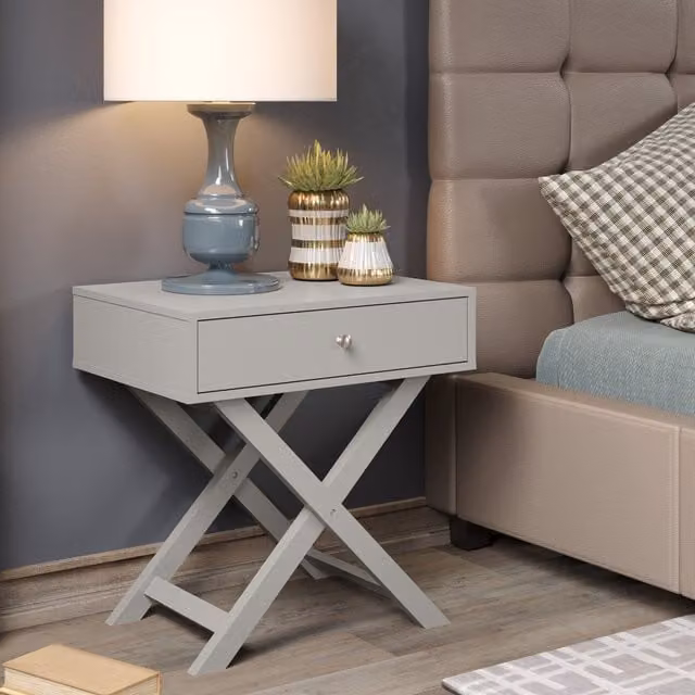 Core Products 1 Drawer X-Frame Bedside Table with Polished Metal Handle in Grey