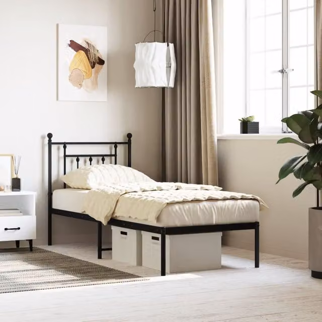 Berkfield Home Metal Bed Frame with Headboard, Black, W: 75 cm, L: 190 cm