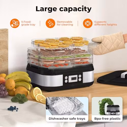 Spector Compact 5-Tray Food Dehydrator in Black, 450W with LED Touch Control and Timer – 3