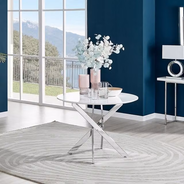 FurnitureboxUK Novara Round 4-Seater Dining Table in White with Silver Chrome Legs, Diameter: 100 cm – 1