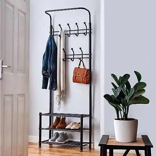 House of Home Black Metal Hall Tree with Bench and 18 Hooks, H 188 x W 68 x D 31 cm – 3