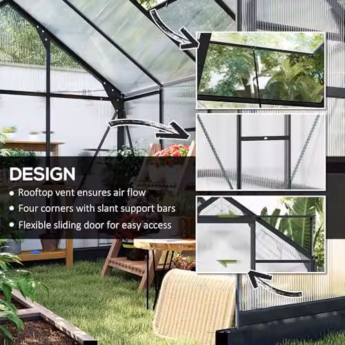 Outsunny Aluminium and Polycarbonate Walk-In Garden Greenhouse with Sliding Door, Grey and Transparent – 3