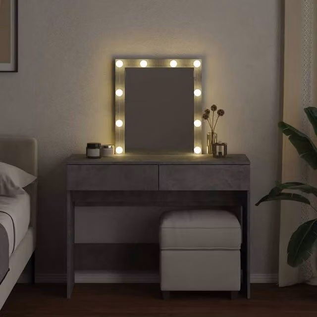 Berkfield Home Beautiful Modern Dressing Table with Hollywood LED Mirror in Concrete Grey, W/D/H: 100 x 40 x 130 cm