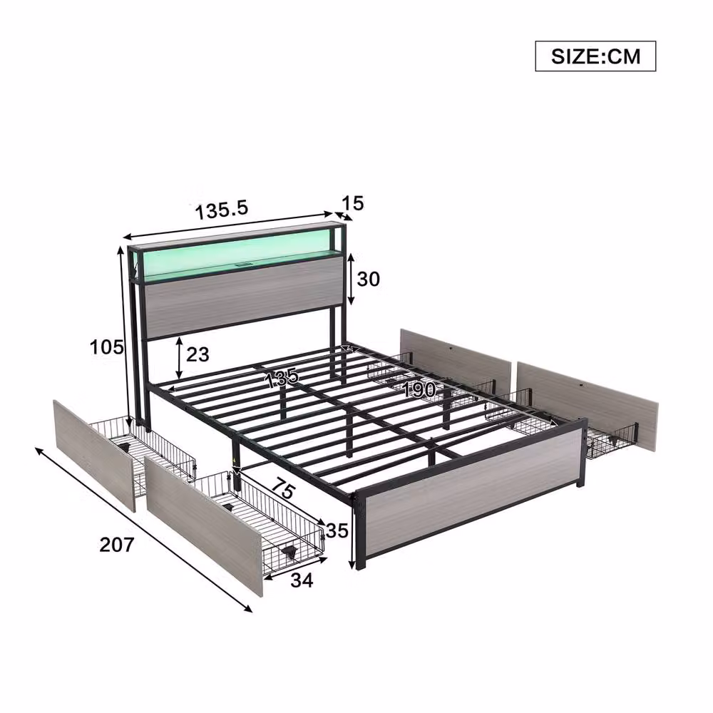 Rolipo Grey Metal Double Bed Frame with LED Lights, USB Charging Port and 4 Drawers, W/D/H: 140 x 200 cm – 2