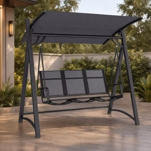 STILVORA 3 Seater Grey Garden Swing Chair with Adjustable Sun Canopy and Powder Coated Steel Frame