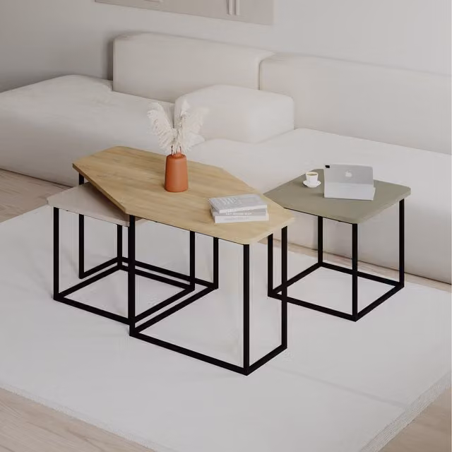 Decortie Modern 3-Piece Nested Coffee Table Set in Oak with Sandstone and Green Multicolour Finishes