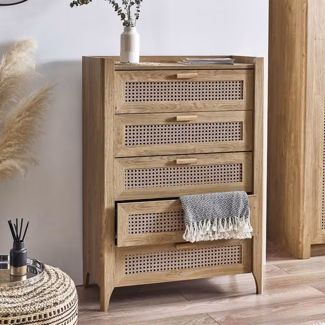 Julian Bowen Sydney 5 Drawer Chest in Brown Wood and Rattan