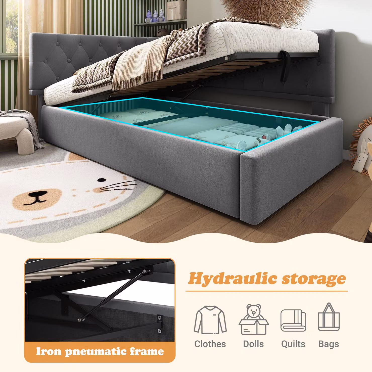 Aosom UK Grey Upholstered Daybed with Hydraulic Ottoman Storage, W: 100 cm, D: 196 cm, H: 77 cm – 5